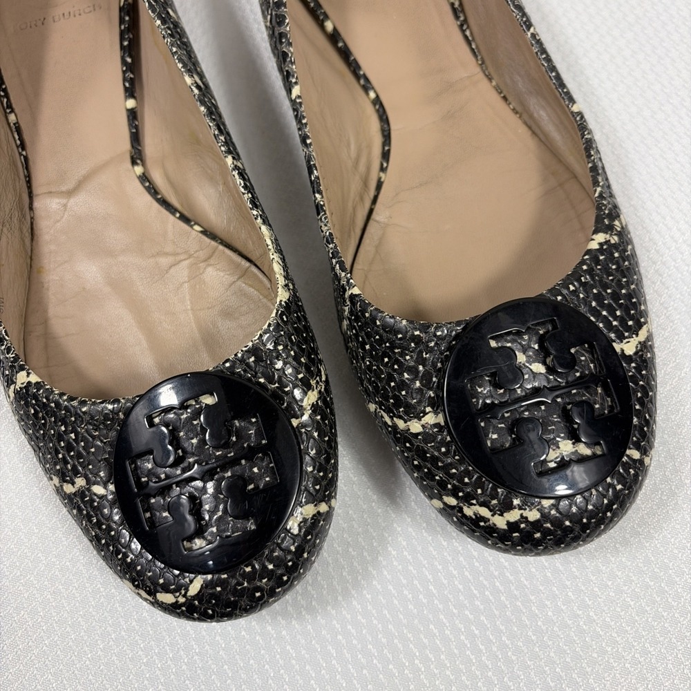 TORY BURCH Reva Mojave Print Leather Logo Ballet Flat Size 8M Black/Ivory - Picture 2 of 9